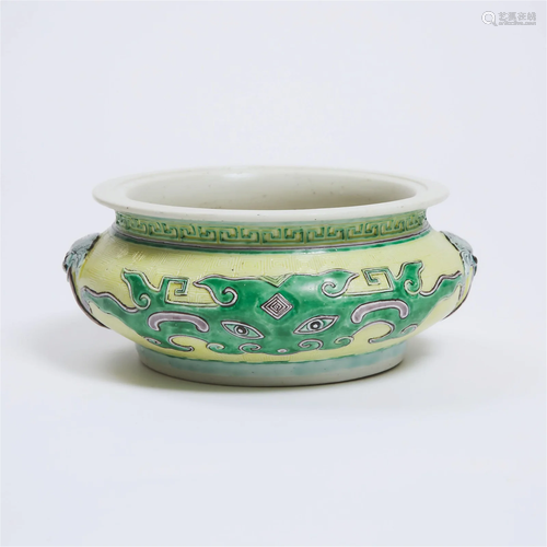 A Famille Verte Biscuit 'Taotie Mask' Censer, Qing...