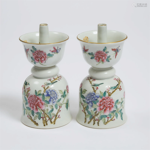 A Pair of Famille Rose 'Birds and Flowers' Candles...