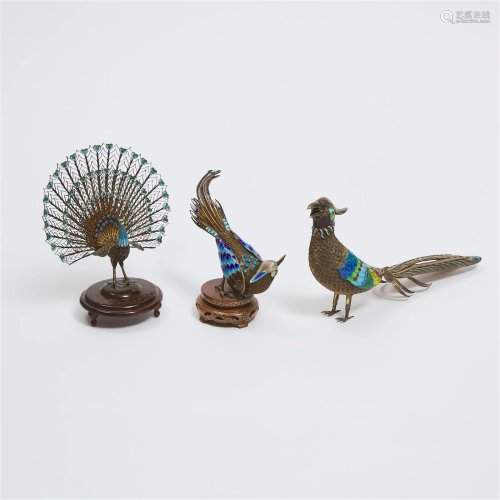 A Group of Three Gilt Silver Filigree Birds of Paradise and