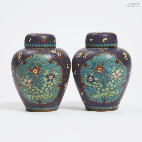 A Pair of Chinese Cloisonné Lidded Jars, Late Qing Dynasty,