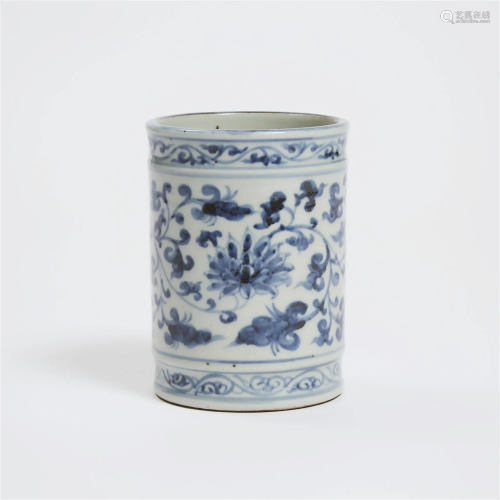 A Ming Style Blue and White 'Floral Scroll' Brushp...