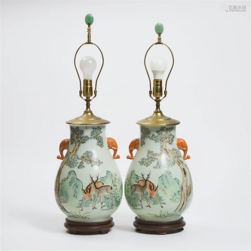 A Pair of Enameled 'Deer and Crane' Hu-Form Vase L...