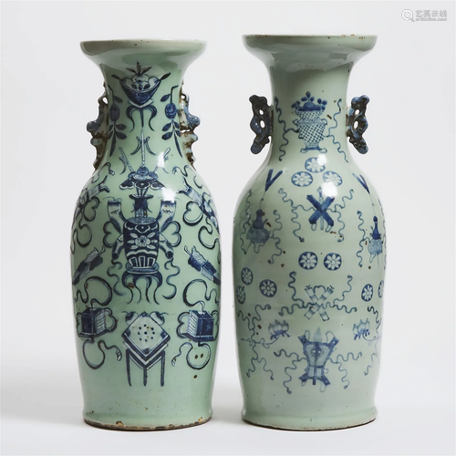 Two Blue and White Celadon-Ground Vases, 19th Century, 十九世...