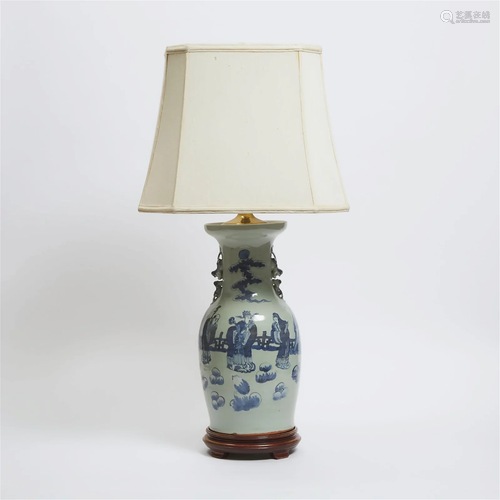 A Blue and White Celadon Ground Vase Lamp, 19th Century, 清