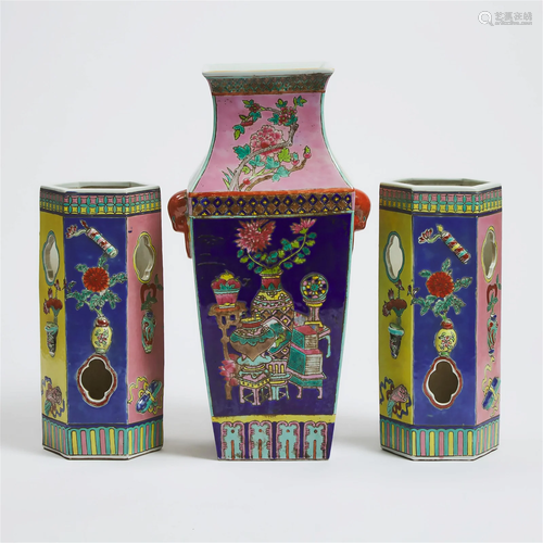 A Group of Three Famille Rose 'Hundred Antiques' V...