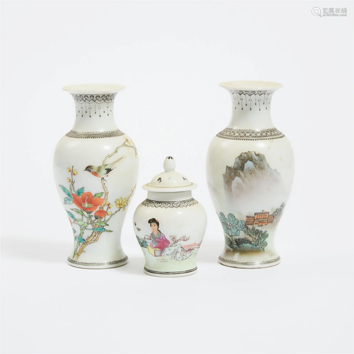 Two Small Grisaille and Enamel Porcelain Vases, Together Wi