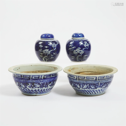 A Pair of Blue and White 'Prunus' Lidded Jars, Tog...