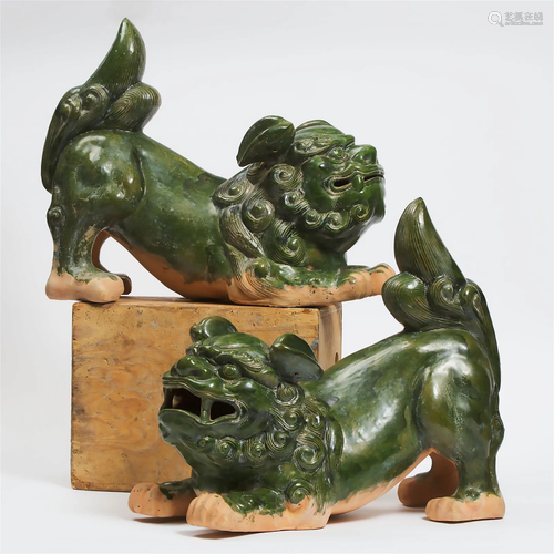 A Pair of Green-Glazed Figures of Buddhistic Lions, 20th Ce