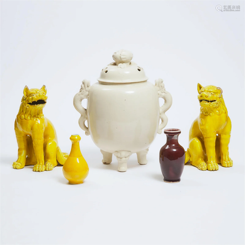 A Pair of Yellow Crackled-Glaze Lions, a White Crackled Gla