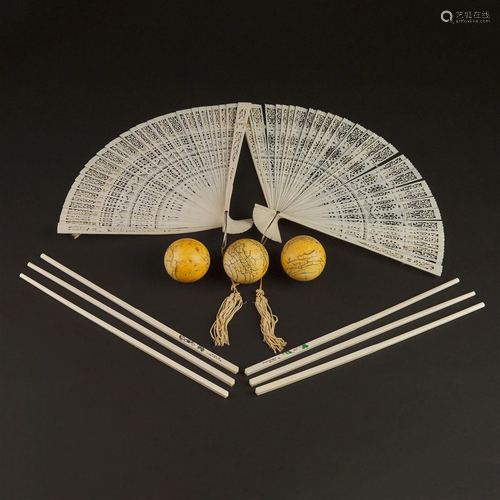 Two Ivory Fans, Three Billiard Balls, and Three Pairs of Ch