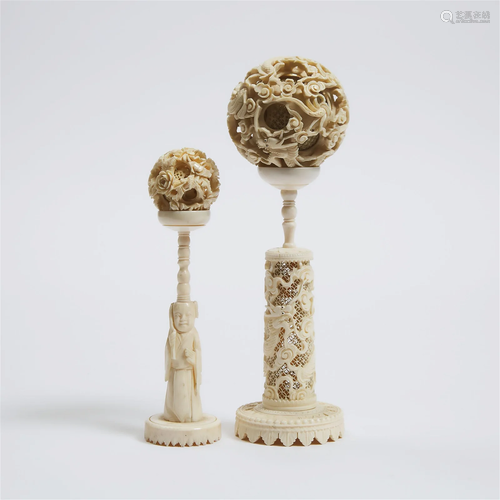 Two Chinese Ivory Puzzle Balls, Early to Mid 20th Century,