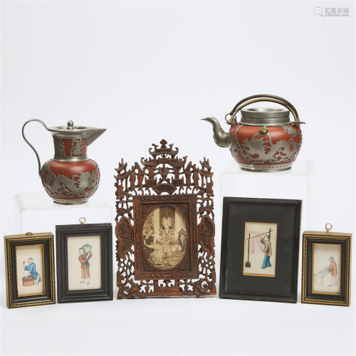 Four Chinese Pith Paintings, Together With Two Metal-Mounte