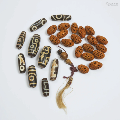 Nine Tibetan Dzi Beads and Eighteen Chinese Carved Beads, l