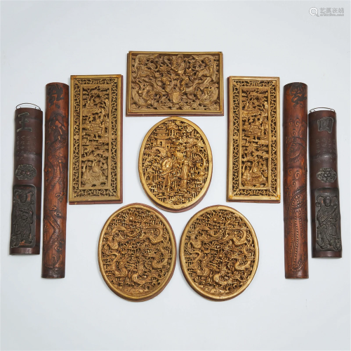 A Group of Ten Chinese Carved Wood and Bamboo Panels, 竹雕木...