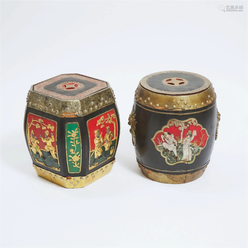 Two Chinese Painted and Lacquered Wood Barrel-Form Stools,