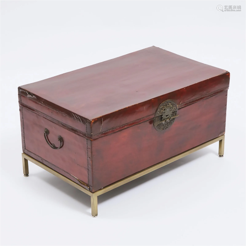 A Chinese Red Lacquered Pigskin Leather Wrapped Wood Chest,