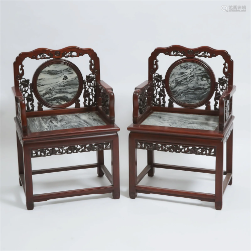 A Pair of Chinese Marble-Inset Rosewood Chairs, Mid 20th Ce