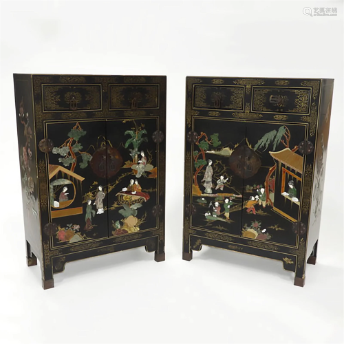 A Pair of Chinese Hardstone Inlaid Black Lacquer Cabinets,