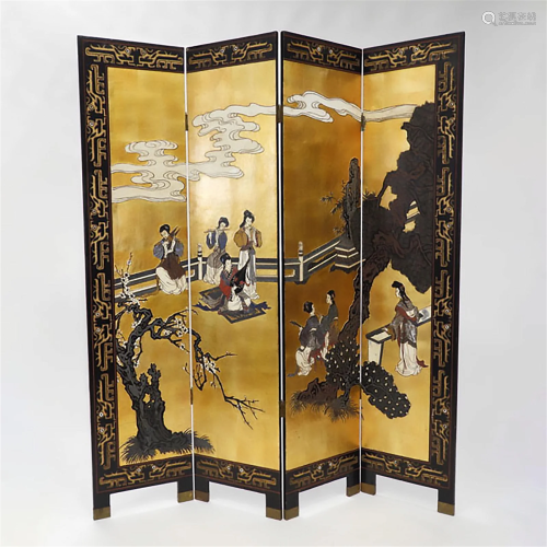 A Gold-Painted and Lacquered Four-Panel Floor Screen, Mid 2