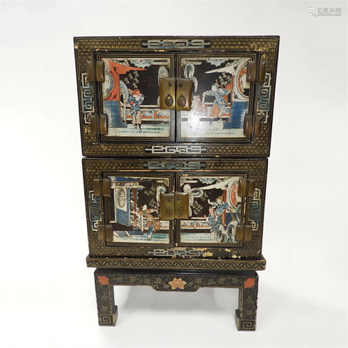 A Chinese Painted and Lacquered Three-Section Cabinet, Late