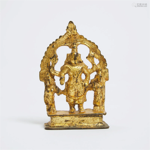 A Small Gilt Bronze Shrine of Vishnu and Consorts, India, 9