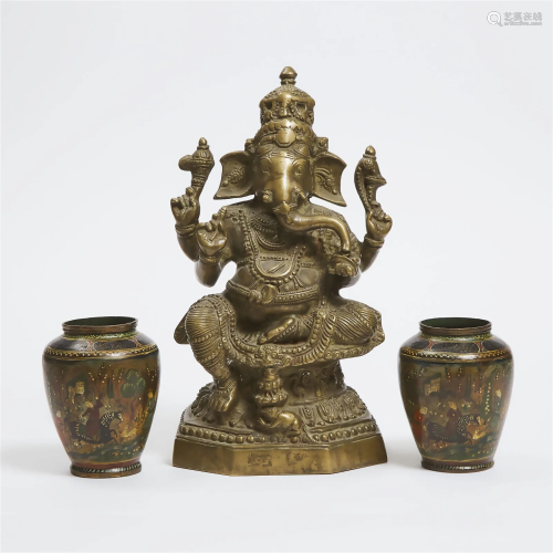 A Large Indian Bronze Figure of Ganesh, Together With a Pai
