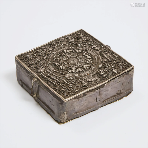 A Tibetan Silver Portable Amulet Box with Astrological Whee