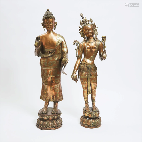 Two Massive Nepalese Brass Standing Figures of Buddha Shaky