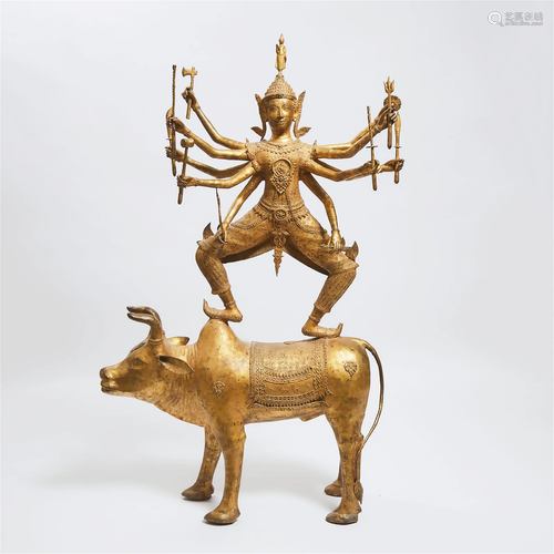 A Massive Gold-Painted Bronze Statue of Durga Riding Nandi,