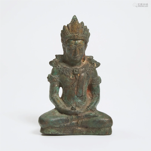 A Bronze Seated Figure of Buddha, Cambodia, 14th Century, h