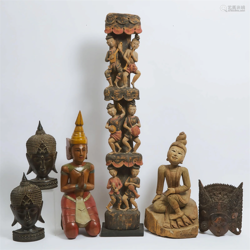 A Group of Six Large Thai/Southeast Asian Wood Carvings, ta