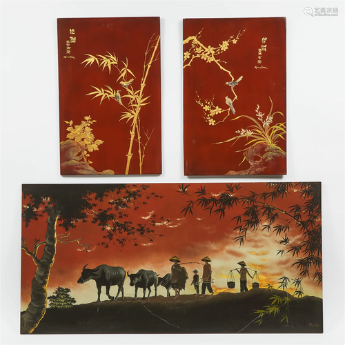 Three Vietnamese Painted Panels, 20th Century, largest 23.9