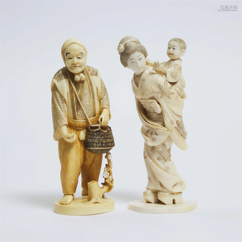 Two Ivory Okimono of a Lady and Child and a Farmer, One Sig