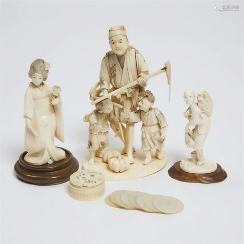 A Group of Three Ivory Okimono, Together With a Box and Cou