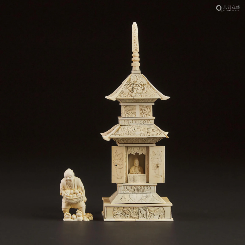An Ivory Okimono of a Buddhist Shrine, Together With a Frui