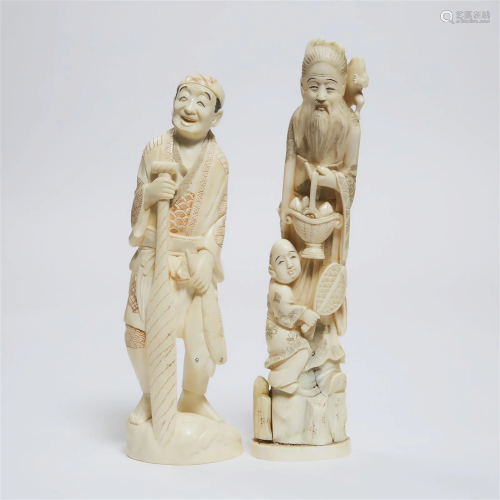 Two Ivory Okimono of a Fisherman and an Immortal, Early to