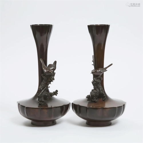A Pair of Bronze 'Bird and Cherry Blossom' Vases, ...
