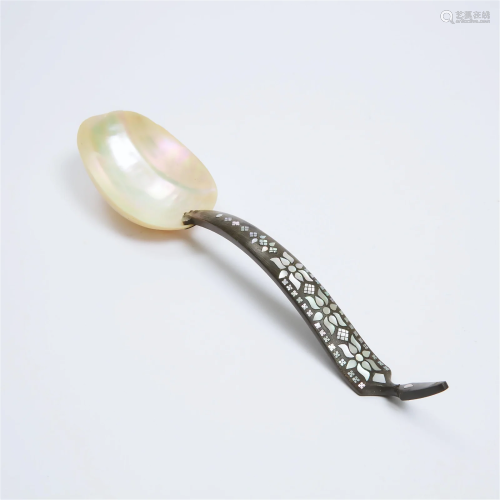 A Japanese Mother-of-Pearl Ladle with Horn Handle, overall