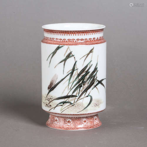 A FAMILLE ROSE CICADA BRUSH POT