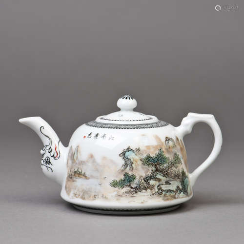 A CHINESE PORCELAIN TEAPOT OF SCENERY JIANG NAN MOTIF