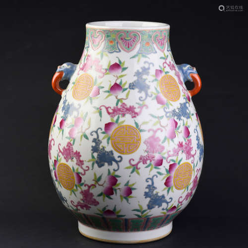 A CHINESE FAMILLE ROSE PORCELAIN BINAURAL VASE