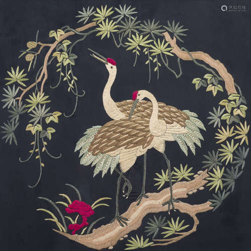 A CHINESE EMBROIDERED 'CRANE AND PINE' PANEL