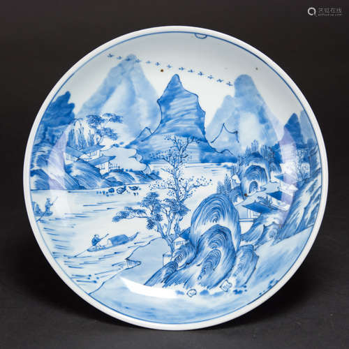 A CHINESE BLUE AND WHTIE 'LANDSCAPE' DISH