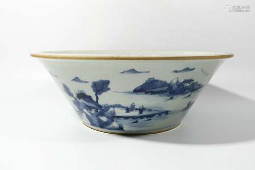 Blue and white landscape character bowl
