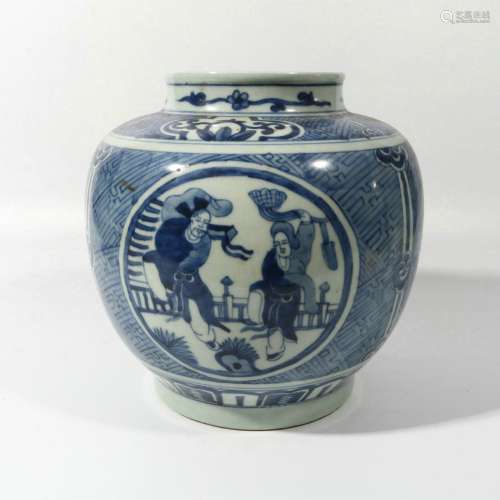 blue and white character jar
