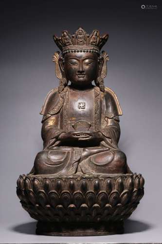 Bronze lacquer golden crowned Buddha seated statue