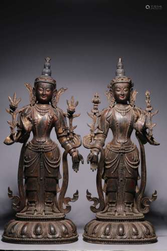 Pair of Bronze Lacquer and Gold Threats Serving Buddha and B...
