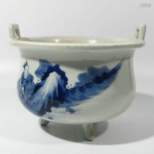 Blue and white landscape character incense burner