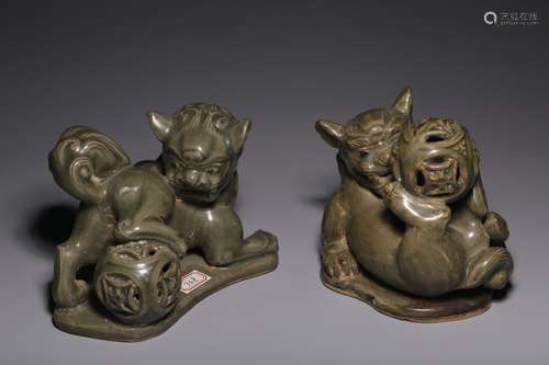 A pair of Yaozhou kiln lion play ball ornaments