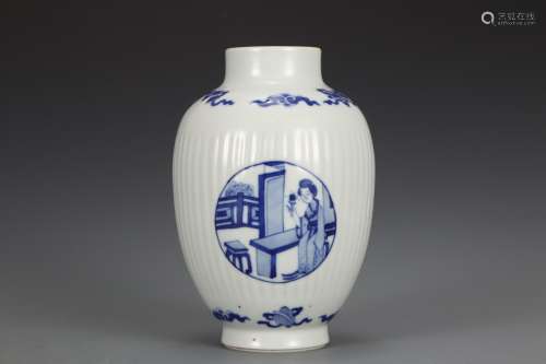 Old Tibetan, blue and white jar with pictures of ladies with...